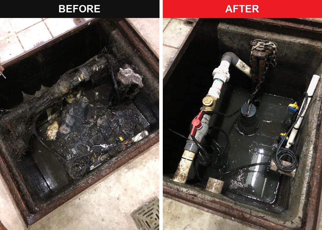 Sewer pump pit before and after